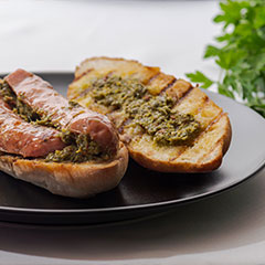 A plate of traditional Chilean choripan in Santiago