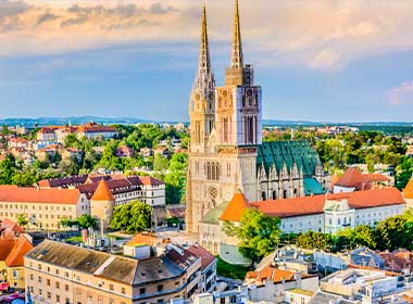 The main square in Zagreb with the Cathedral of Zagreb towering over the skyline 