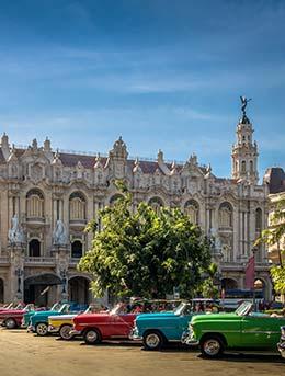 row of cuban classic cars for celebration of classic cars festival in havana cuba