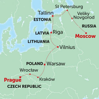 Image showing the map of Tucan Travels group tour Moscow to Prague