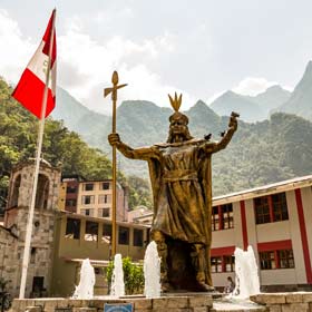 Statue of Pachacuti in Aguas Calientes the closest place we stop when on tour to Machu Picchu, Peru