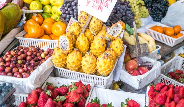 A market stall in Peru selling a range of fruits