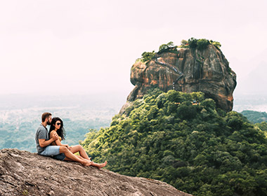 couple enjoying lush landscape of sri lanka on honeymoon