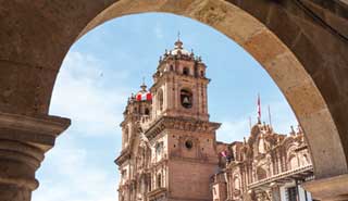 Travel group visit Plaza de Armas is the central square in the old city of Cusco, a city in the Peruvian Andes