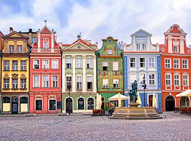 colourful painted buildings in old town center in poznan poland