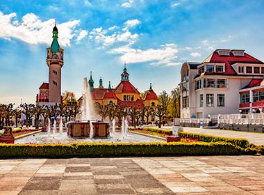 market suqare with fountain in seaside town in poland of sopot