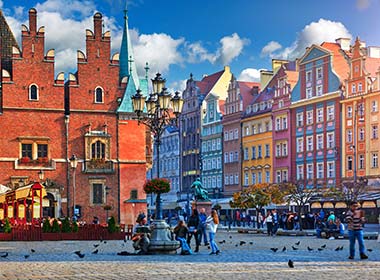 old town market square in wroclaw poland with colouful painted houses