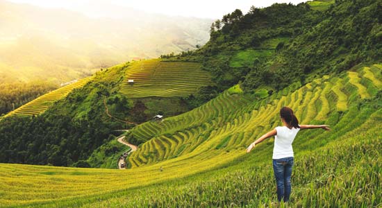 young woman traveler discovers the rice patty fields near Sapa on a group holiday tour