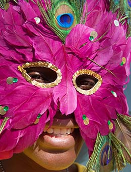 man wearing mask made out of pink feathers for the zimbabwe international carnival