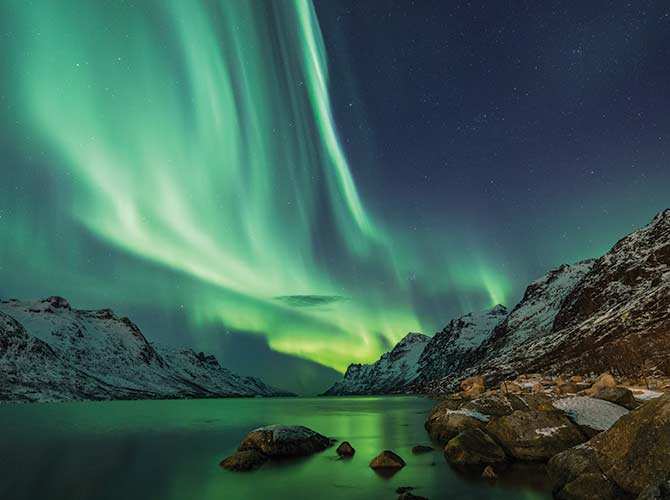 green aurora borealis in the night sky above a river in Iceland watching the northern lights